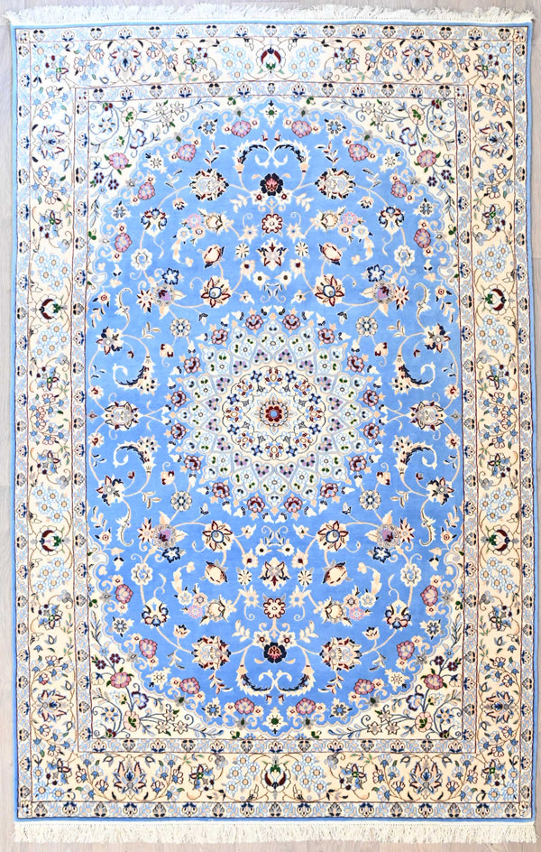  Original Very Finely Handwoven Silk and Laid 6LA Masterpiece of weaving. This is a Persian Nain rug with Sky Blue and Cream Tones woven in iran.