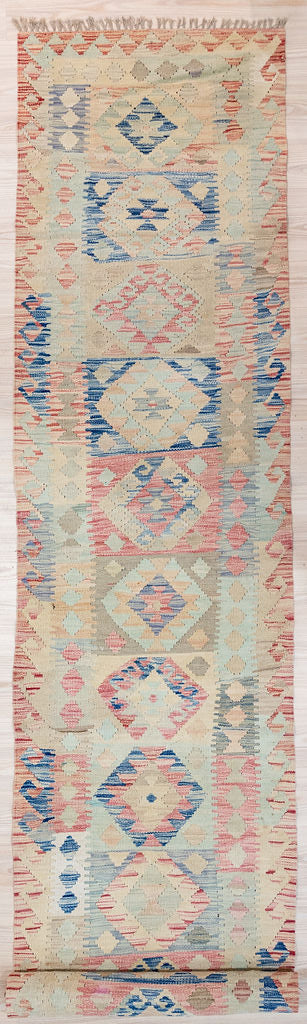 Authentic Hand woven Boho Afghan Kilim Runner 149 cm x 78cm
A long narrow runner in rare pale muted field tones all over
Lovely soft contemporary colours.
Easy Care, these rugs improve with age.