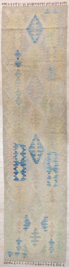 Authentic Hand woven Boho Afghan Kilim Runner 300cm x 76cm
A long narrow runner in subdued pale muted field tones all over
Lovely soft contemporary colours
Durable and Wear Resistant Suitable for High Traffic Areas