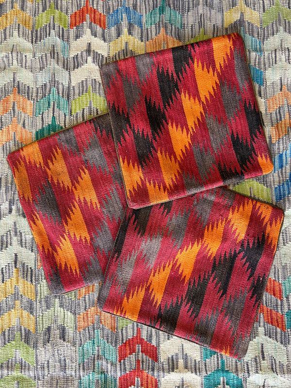 Muted Red and Orange Vintage Striped Persian Tribal Kilim Cushions - 3 Unfilled Pieces