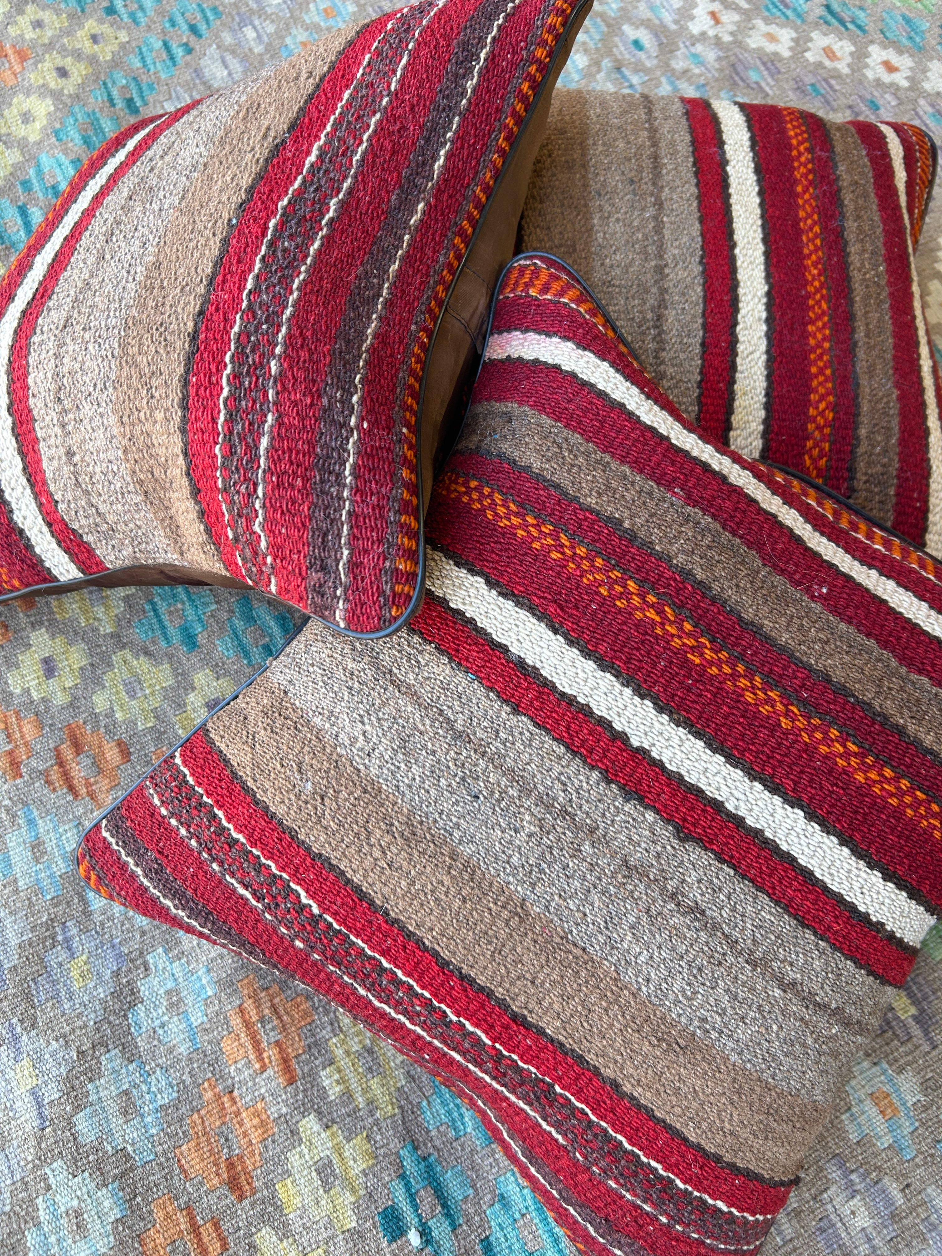 Red and Beige Persian Tribal Kilim Cushions - 3 Filled Pieces