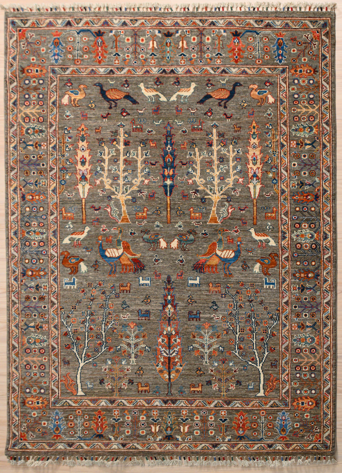 uthentic Handknotted Charcoal Afghan Pictorial Chobi Wool Rug 202cm x 150cm woven in Shebarghan, Northern Afghanistan