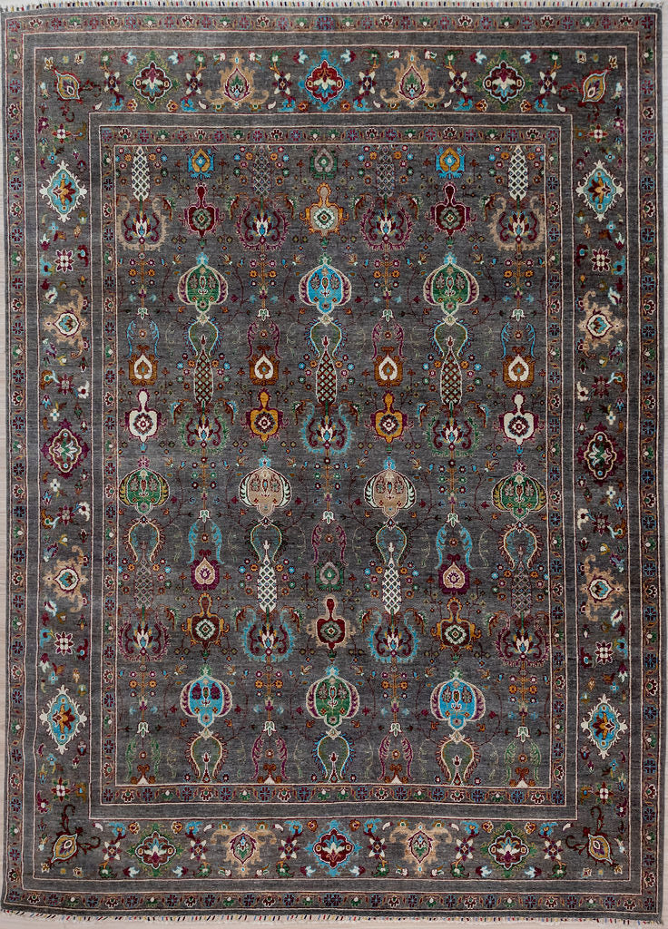 Authentic Handknotted Charcoal Fine Afghan Sultani Chobi Wool Rug 317cm x 252cm Shebarghan, Afghanistan

A unique, one-of-a-kind adaption of the traditional vase design reinvented in muted colour palette using natural vegetable non toxic dyes.
Our weavers are the guardians&nbsp; and masters of ancient vegetable dye recipes
Rare charcoal field tone made from undyed natural sheep's wool
Ariana tassels woven on the top  bottom by female artisans.