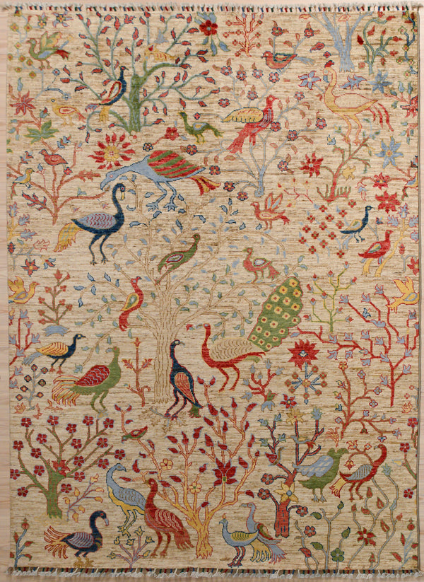 uthentic hand woven Cream Afghan Chobi Wool Rug 232cm x 170cm woven in Northern Afghanistan
Finely woven Chobi with unique pictorial design showcasing the flora and fauna of the ancient Central Asian region