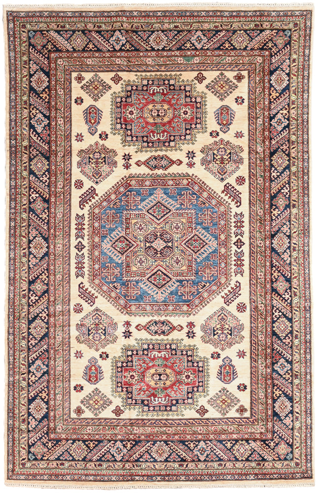 Authentic Handknotted Cream Afghan Super Kazak Wool Rug with Deep Navy TonesStunning Aztec style design motifs with multicolour tones all over
"Super "refers to the superior quality of the wool used and fineness of weave
Durable and Wear Resistant Suitable for High Traffic Areas
Woven Using Premium Quality Wool which gives an unrivalled sheen to the Pile
The Kazak Design originates from the Caucaus Region, 