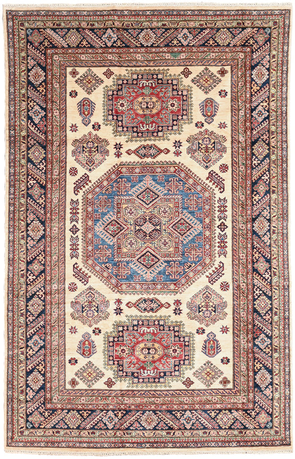 Authentic Handknotted Cream Afghan Super Kazak Wool Rug with Deep Navy TonesStunning Aztec style design motifs with multicolour tones all over
"Super "refers to the superior quality of the wool used and fineness of weave
Durable and Wear Resistant Suitable for High Traffic Areas
Woven Using Premium Quality Wool which gives an unrivalled sheen to the Pile
The Kazak Design originates from the Caucaus Region, 