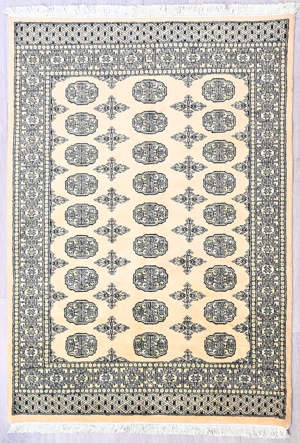 Authentic Handknotted Wool Cream Bukhara Rug woven in Central Asia
Soft elegant silk feel wool
Having a light and dark aspect is a trademark of Handmade Rugs
Durable and Wear Resistant&nbsp;