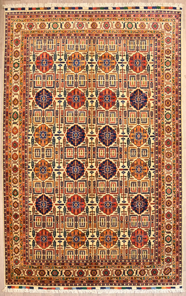 Authentic Handknotted Cream Fine Afghan Merinos Wool Rug 303cm x 191cm
Finely woven in the city Kundus, Northern Afghanistan using local Merinos wool
Symmetrical all over design with detailed border.&nbsp;
Arts and crafts revival style, suits Mission Style
Colour tones are derived from natural vegetable dyes - an array of cream, gold  brown colours combined in wonderful botanical curvilinear designs