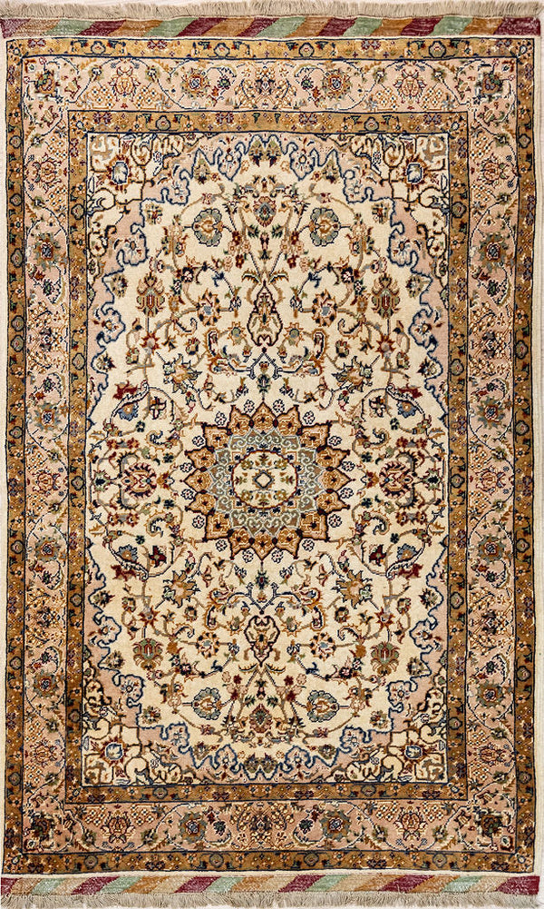 Authentic Handknotted Cream Fine Afghan Merinos Wool Rug 183cm x 117cm
Finely woven in the city Kundus, Northern Afghanistan using local Merinos wool
Symmetrical all over design with detailed border.
Colour tones are derived from natural vegetable dyes - an array of cream, gold &amp; brown colours combined in wonderful botanical curvilinear designs
