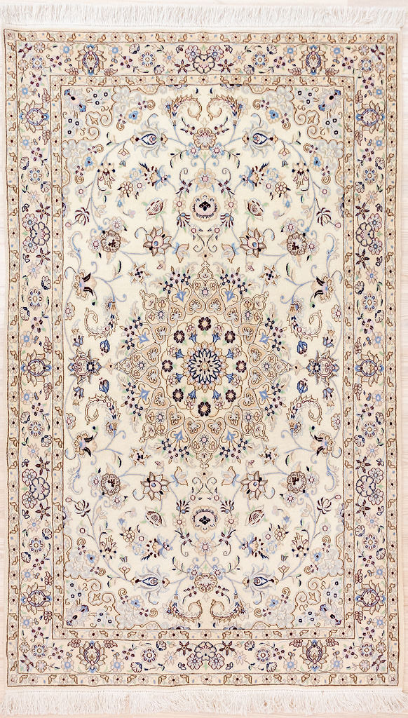 Authentic Cream Fine Persian Nain Silk n Wool Rug 210cm x 130cm
Finely handknotted with intricate weave in a blend of soft silk and wool, This rug deserves a special place in your home. Delicate and romantic paler natural dyed colours are right in line with modern colour trends, "the more things change the more they remain the same"
Symmetrical all over traditional eternally popular Nain design