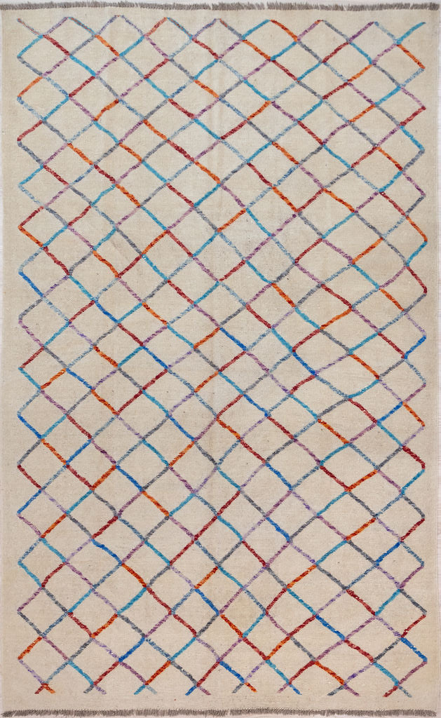 Authentic Hand Knotted Cream Modern Afghan Wool Kilim 296cm x 189cm
Lovely contemporary colours. Cream wool with sections of multicoloured raised wool pile.
These traditional flexible wool rugs have many uses in the modern Boho home

Durable and Wear Resistant Suitable for High Traffic Areas