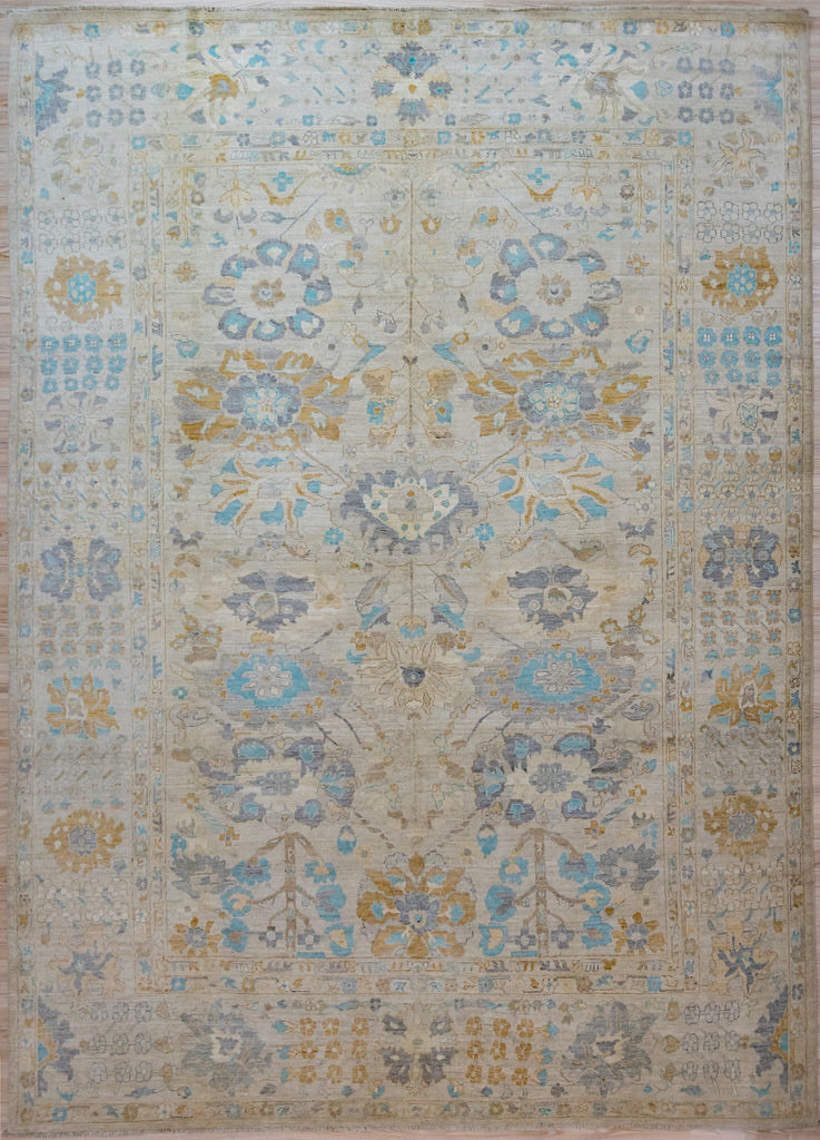 Authentic Hand Knotted Cream Muted Afghan Chobi Wool Rug 352cm x 275cm suitable for large areas
Muted beige, green &amp; blue tones all made from natural vegetable dyes gives a soft feeling of times gone by.

Oushak Design light toned rug brightens your interior and opens your space
Having a light and darker aspect is a trademark of Handmade Rugs
Durable and Wear Resistant Suitable for High Traffic Areas