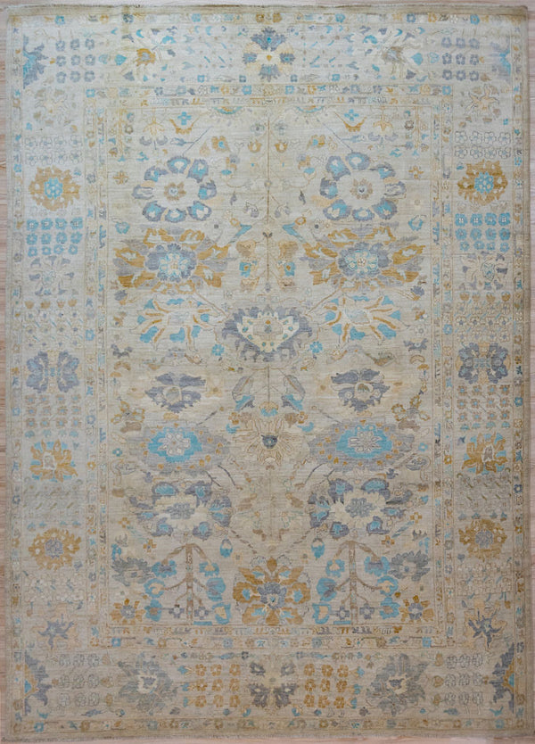 Authentic Hand Knotted Cream Muted Afghan Chobi Wool Rug 352cm x 275cm suitable for large areas
Muted beige, green &amp; blue tones all made from natural vegetable dyes gives a soft feeling of times gone by.

Oushak Design light toned rug brightens your interior and opens your space
Having a light and darker aspect is a trademark of Handmade Rugs
Durable and Wear Resistant Suitable for High Traffic Areas
