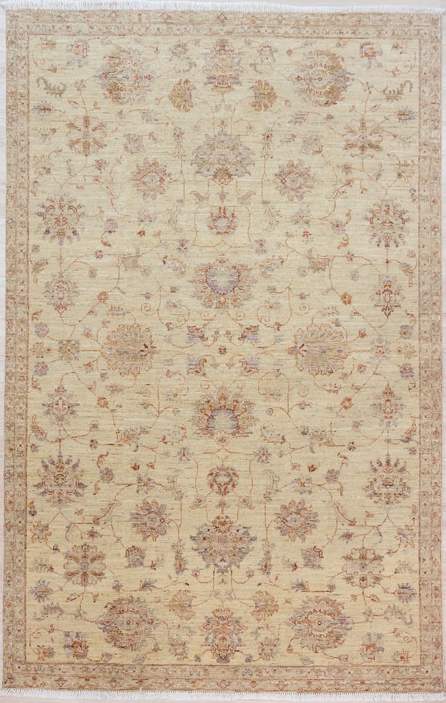 Authentic Hand Knotted Cream Muted Afghan Chobi Wool Rug 273cm x 184cm suitable for medium areas.
Beautiful muted tones all made from natural vegetable dyes, hints of light blues ,browns and pale red on a natural undyed wool background. 
The delicacy of this design belies its durability. It won't fade, is flexible, washes easily ,and being wool dries in a flash compared to machine made or synthetic rugs of similar size.
Unique Zeigler style traditional design, suitable to lighten up your interior
