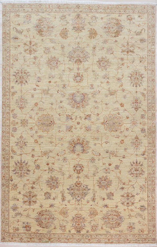 Authentic Hand Knotted Cream Muted Afghan Chobi Wool Rug 273cm x 184cm suitable for medium areas.
Beautiful muted tones all made from natural vegetable dyes, hints of light blues ,browns and pale red on a natural undyed wool background. 
The delicacy of this design belies its durability. It won't fade, is flexible, washes easily ,and being wool dries in a flash compared to machine made or synthetic rugs of similar size.
Unique Zeigler style traditional design, suitable to lighten up your interior