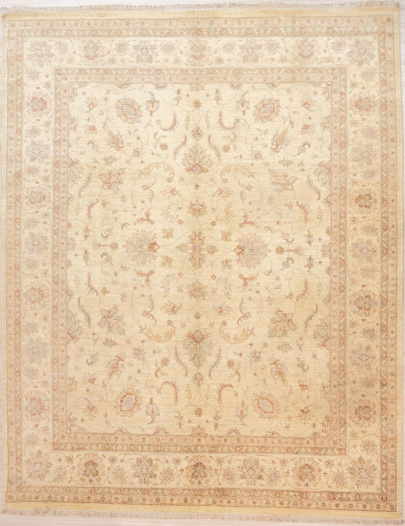 Authentic Hand Knotted Cream Natural Afghan Chobi Wool Rug 300cm x 252cm suitable for large areas
Muted peach,beige, green  blue tones all made from natural vegetable dyes gives a soft feeling of times gone by.

Oushak Design light toned rug brightens your interior and opens your space
Having a light and darker aspect is a trademark of Handmade Rugs
Durable and Wear Resistant Suitable for High Traffic Areas