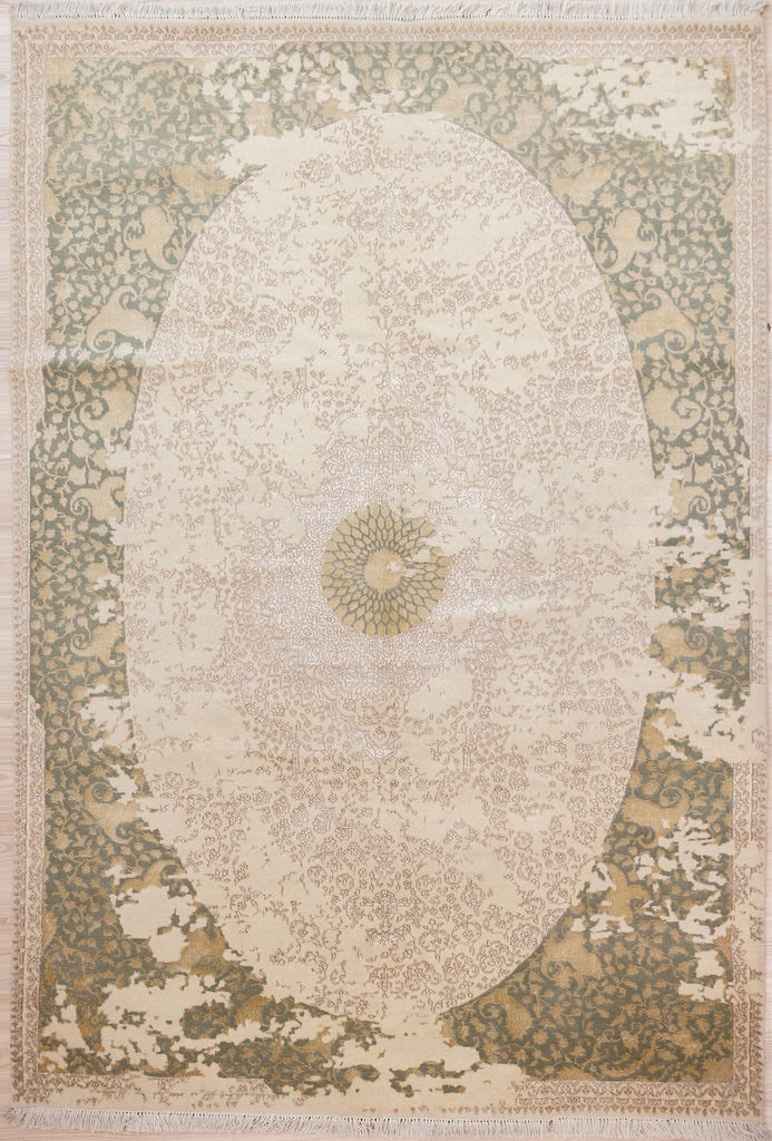 Cream Olive Contemporary Ara Silk n Wool Rug 240cm x 169cm. This is a Medium area ,modern luxury rug
Hand Knotted soft and silky underfoot . Suitable for bed or living room. Fine new wool and bamboo silk.
Having a light and darker aspect is a trademark of Handmade Rugs
Durable and Wear Resistant.
All Colours in This Piece Originate from Natural Vegetable Dyes