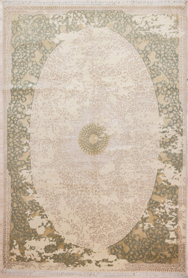 Cream Olive Contemporary Ara Silk n Wool Rug 240cm x 169cm. This is a Medium area ,modern luxury rug
Hand Knotted soft and silky underfoot . Suitable for bed or living room. Fine new wool and bamboo silk.
Having a light and darker aspect is a trademark of Handmade Rugs
Durable and Wear Resistant.
All Colours in This Piece Originate from Natural Vegetable Dyes