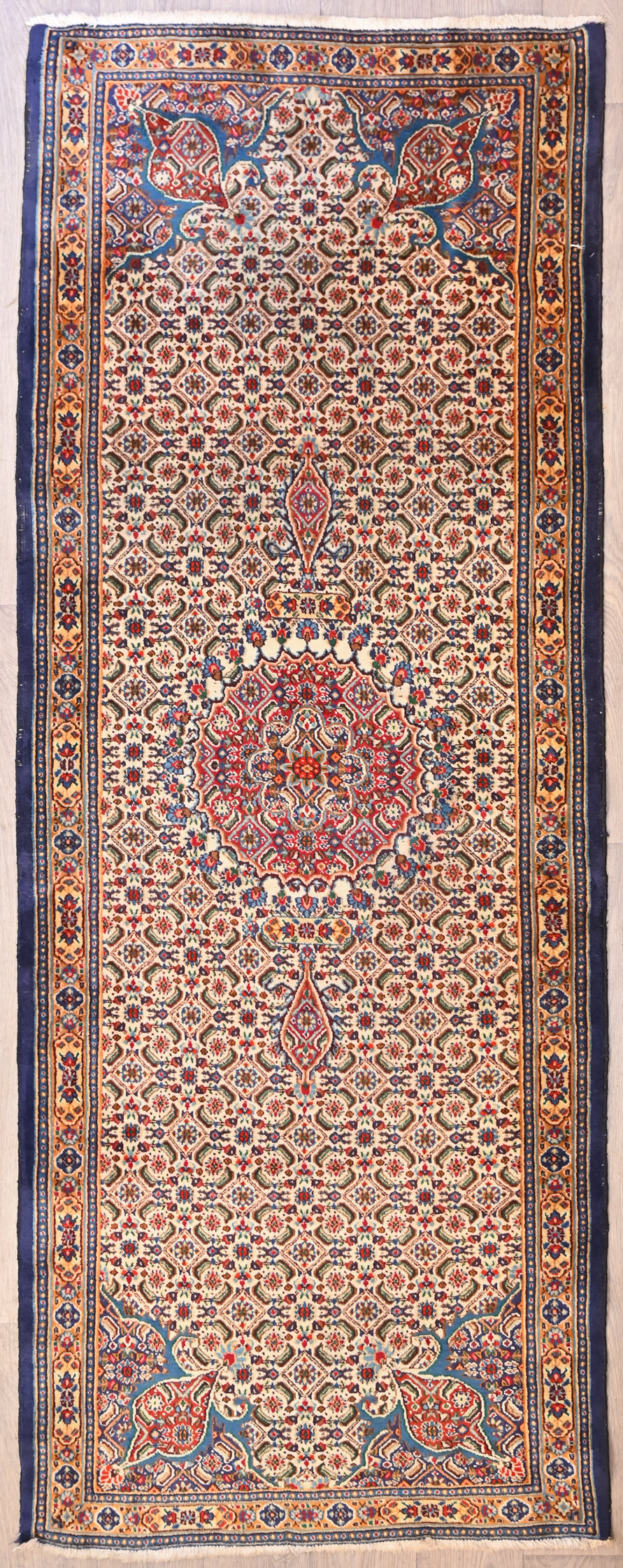 Cream Persian Moud Wool Runner Intricate Persian weaving 277cm x 106cm woven in Central Asia.