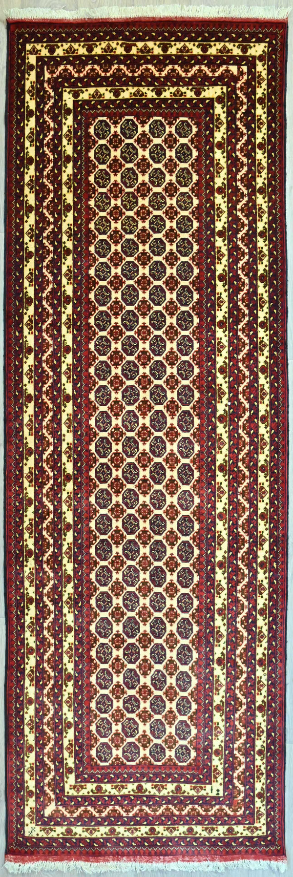 Cream Red Handwoven Afghan Bokhara Mowri Gul Runner 296cm x 96cm