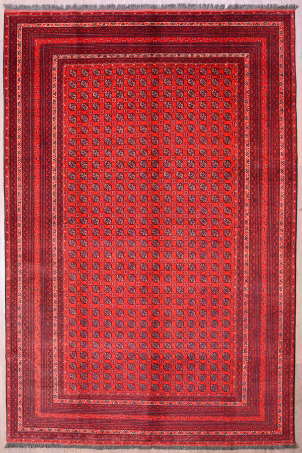 Authentic Handknotted Deep Red Afghan Mori Gul Wool Rug 287cm x 195cm&nbsp;
Hand woven by traditional Turkoman artisans in Northern Afghanistan. Fine detailed guls and mutiple borders make this rug unique and interesting