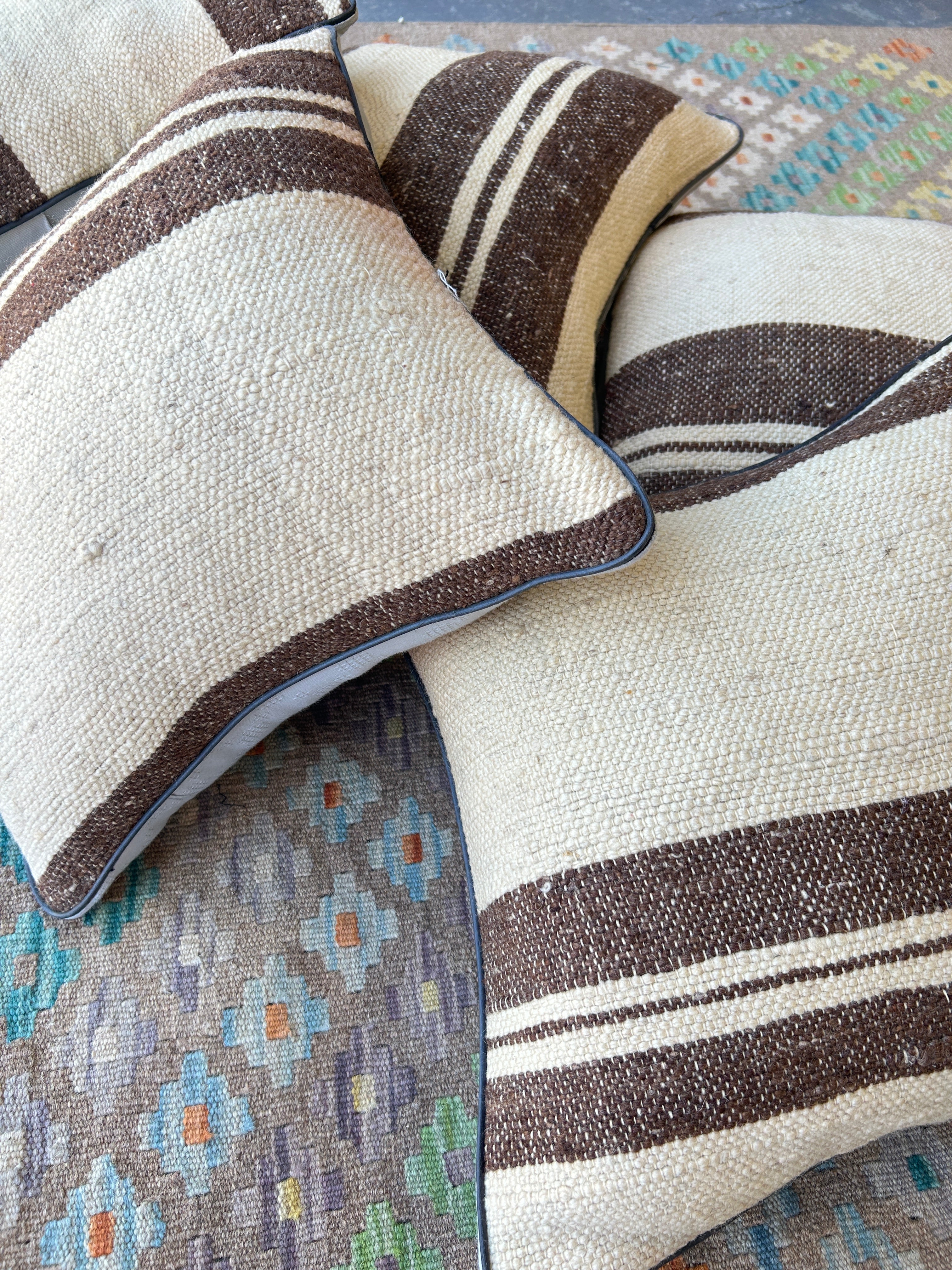 Cream and Brown Persian Kilim Cushions - 5 Filled Pieces