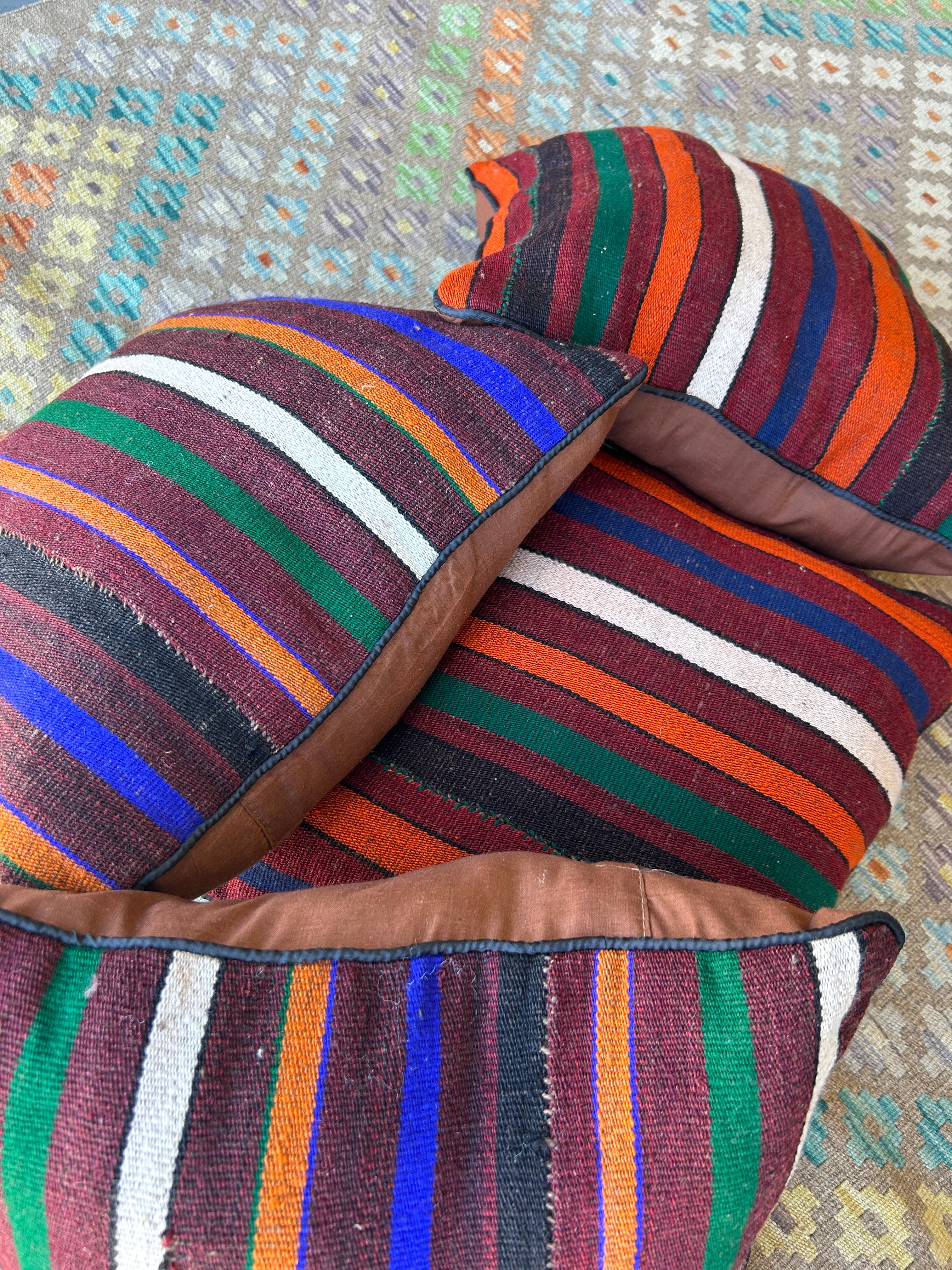 Dark Striped Persian Wool Kilim Cushions - 4 Pieces