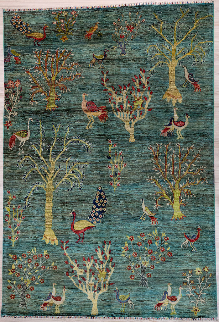 Authentic Handknotted Emerald Green Pictorial Afghan Chobi Wool Rug 296cm x 206cm woven in Shebarghan, Afghanistan

A unique, one-of-a-kind botanical Pictorial design bringing a touch of both traditional and modern contemporary
Rare green field background colour combined with hints of peach&amp; blues all over

