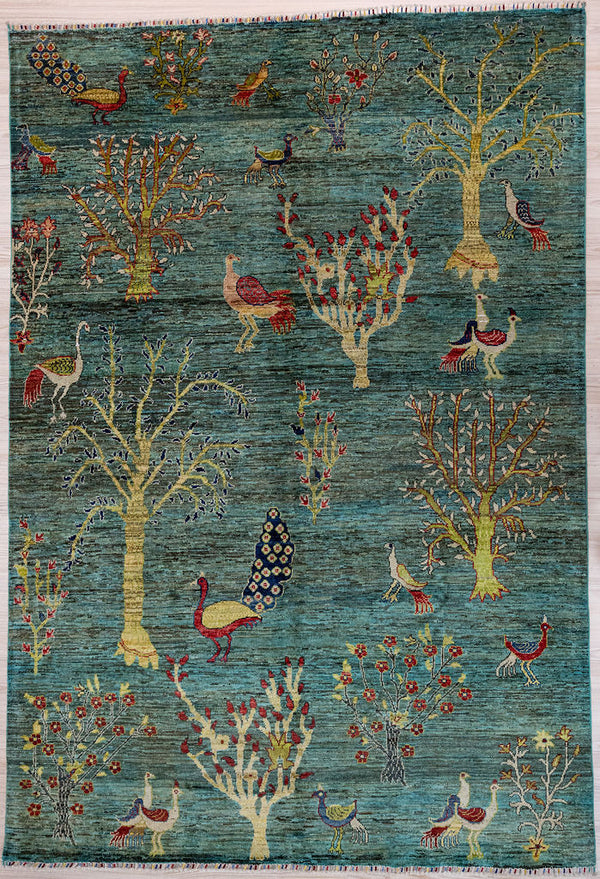 Authentic Handknotted Emerald Green Pictorial Afghan Chobi Wool Rug 296cm x 206cm woven in Shebarghan, Afghanistan

A unique, one-of-a-kind botanical Pictorial design bringing a touch of both traditional and modern contemporary
Rare green field background colour combined with hints of peach&amp; blues all over

