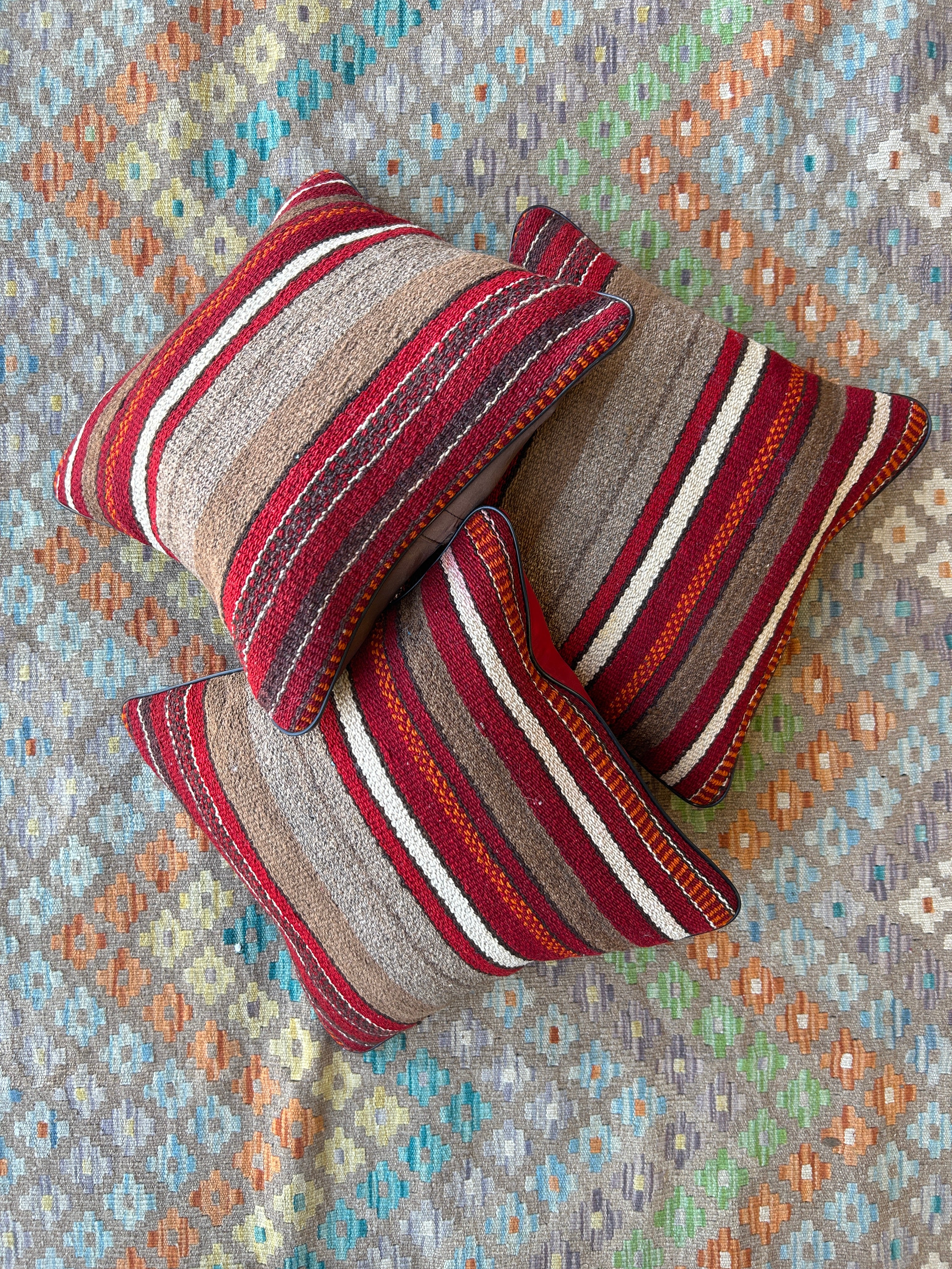 Red and Beige Persian Tribal Kilim Cushions - 3 Filled Pieces