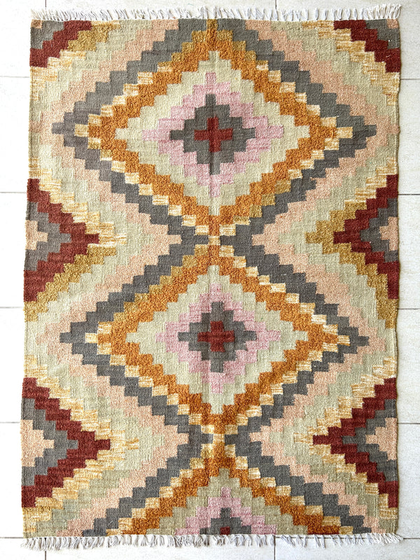 Handknotted Boho Afghan Kilim rug w/ Yellow and Grey tones (136cm x 98cm)