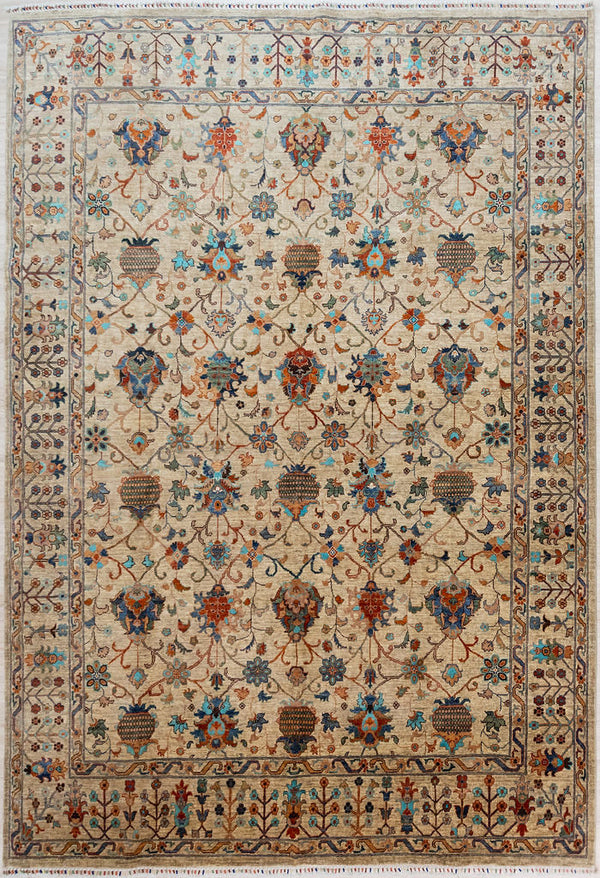 uthentic Hand knotted Fawn Afghan Sultani Chobi Wool Rug 355cm x 276cm&nbsp;woven in Mazar, Northern Afghanistan
A one of-a-kind modern Baroque feel botanical design bringing a touch of traditional design in a contemporary colour palette
An array of naturallly dyed multicolour tones including flashes of turquoise on a beige fawn abrash background which is made from spinning together natural wool colours