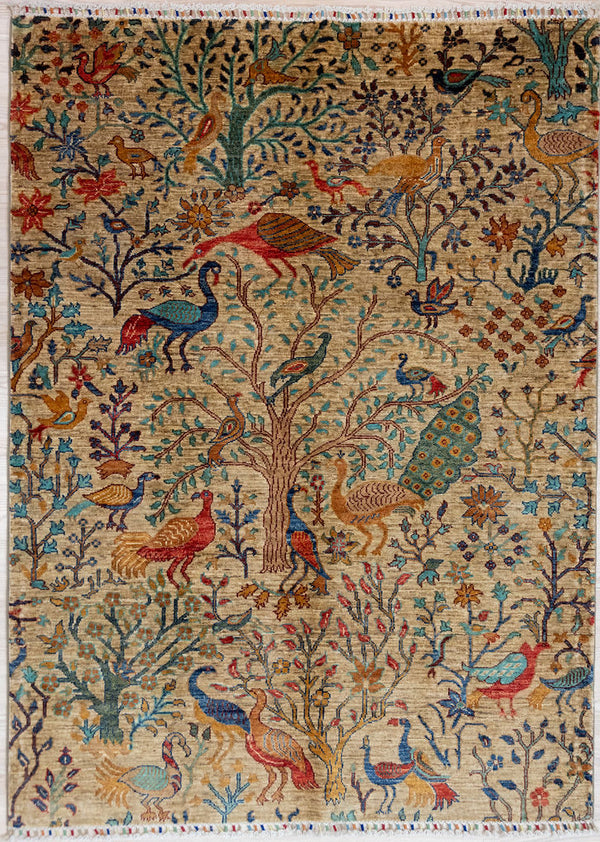 Authentic Handknotted Fawn Pictorial Afghan Chobi Wool Rug 197cm x 150cm woven in Shebarghan, Northern Afghanistan

A unique, one-of-a-kind Open Field design bringing a touch of both traditional and modern contemporary to your home, with the added benefit of healthy wool and cotton coloured with non toxic dyes.

Background colour of this rugs is a natural brown sheep colour. Herds are multicoloured to provide many different shades
An array of beautiful flora and fauna reflective of the Central Asian region
