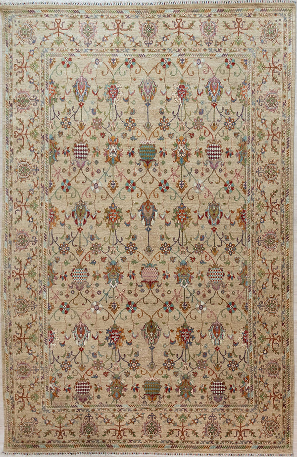 Hand knotted Fawn XL Afghan Sultani Chobi Wool Rug 388cm x 304cm A one of-a-kind Baroque feel botanical design bringing a touch of traditional/tribal design in a modern contemporary paler colour palette
Lovely natural dye colours with an array of rustic multicolour tones on a beige to fawn natural wool coloured background.&nbsp;
This design is particularly tight, well defined and symmetrical and depicts stylised images of important ancient food and dyestuff plants like pomegranate