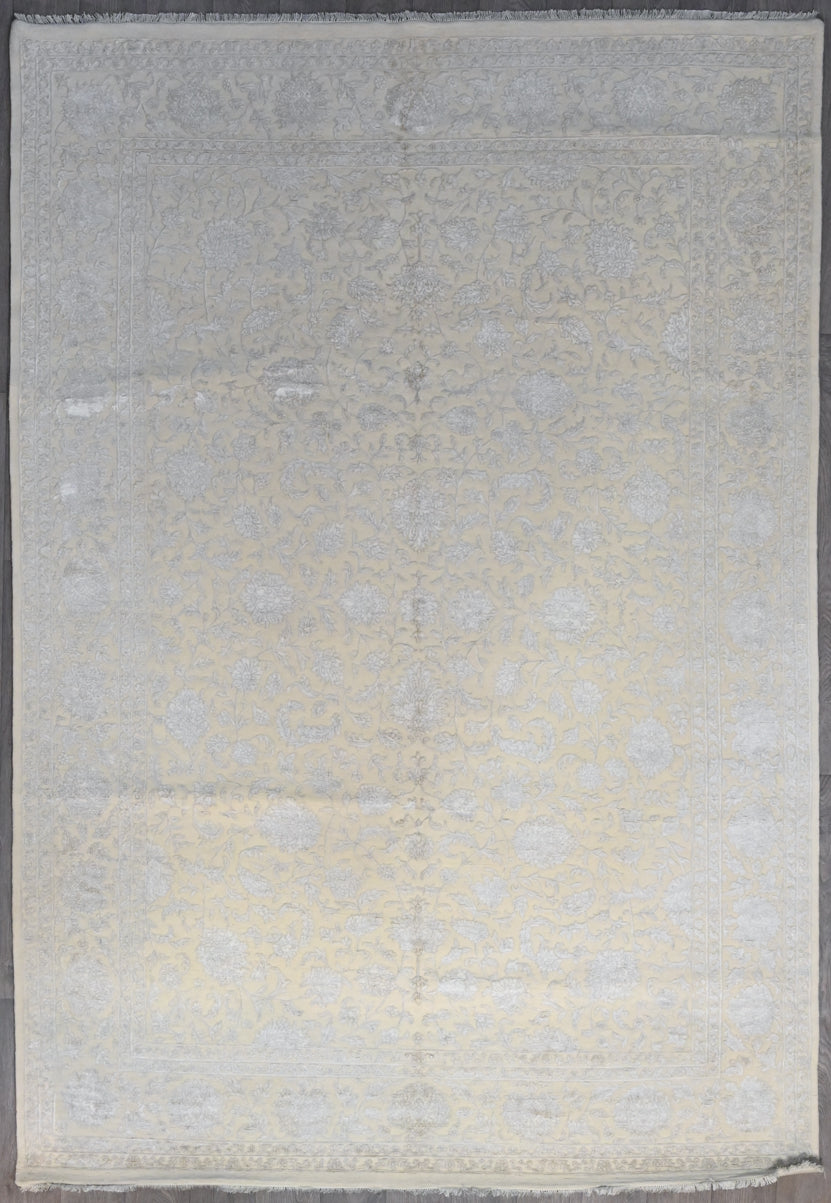 Fine Cream White Indo Agra Silk n Wool Rug 353cm x 245cm