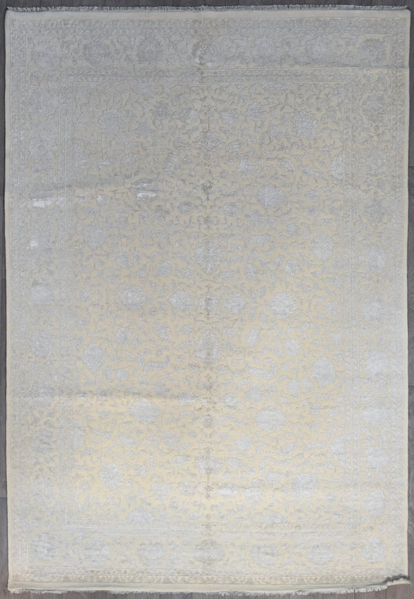Fine Cream White Indo Agra Silk n Wool Rug 353cm x 245cm