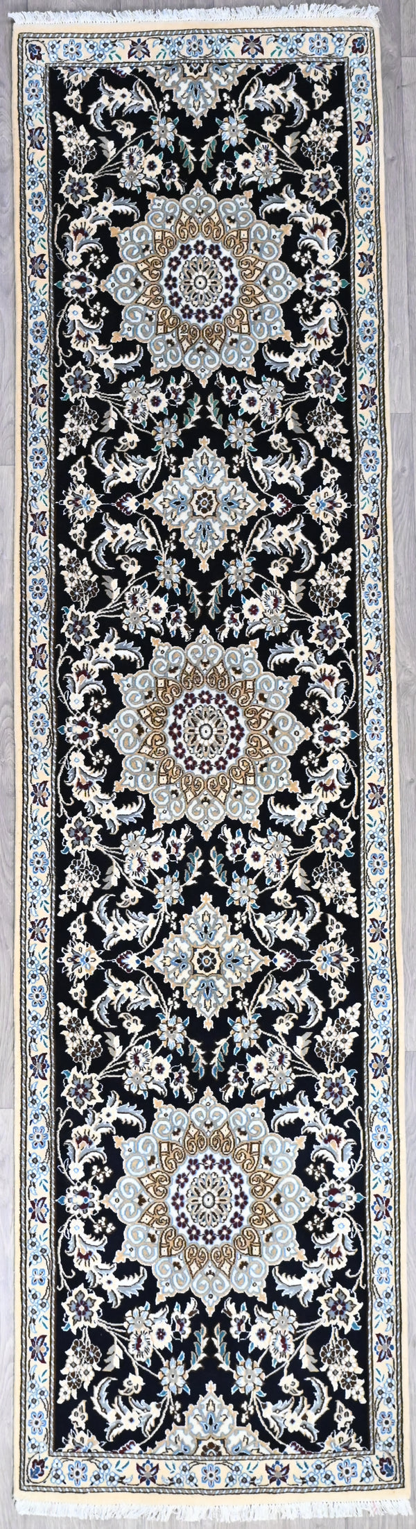 Fine Persian Nain Silk and Wool Runner w/Navy Tones - (314 cm x 70 cm)