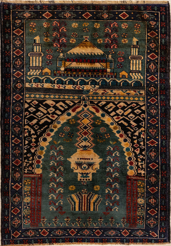 Fine Afghan Prayer Design Wool Rug Woven in northern Afghanistan
Unusual Prayer rug Design with a Mongolian or Tibetan look to it
Having a light and darker aspect is a trademark of Handmade Rugs
Durable and Wear Resistant Suitable for High Traffic area
