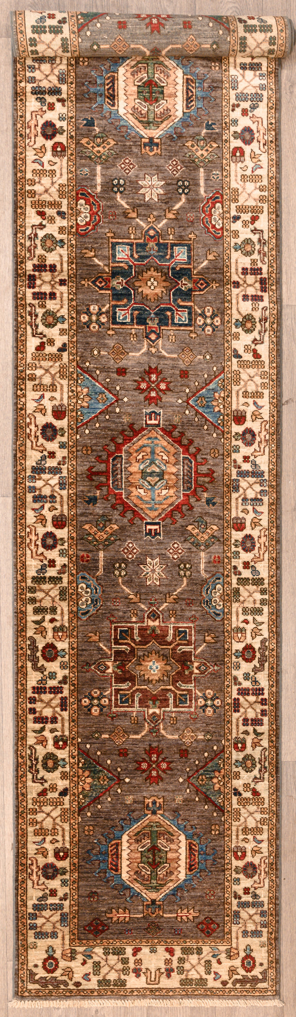 uthentic Hand Woven Fine Charcoal Afghan Super Kazak Wool Runner 413cm x 78cm
Beautiful charcoal grey & cream tones all over made from local vegetable &amp; plant dyes
Truly a one of a kind hallway runner unique in its size &amp; design