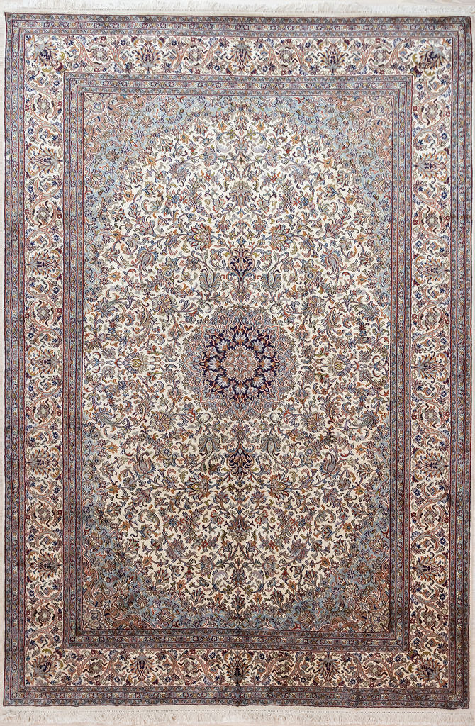 Guaranteed Original Hand Knotted Fine Kashmiri Silk Rug 313cm x 220cm
Delicate luxurious silk on cotton in paler zeigler style colours fits in with modern or traditional decor. A surprisingly good size at a bit over 3m x 2m
Handmade Rugs Have a Dark and Light aspect. Hence the Color May Vary slightly depending on the Viewing Angle
Suitable for Low Traffic Areas, great in a large bedroom.