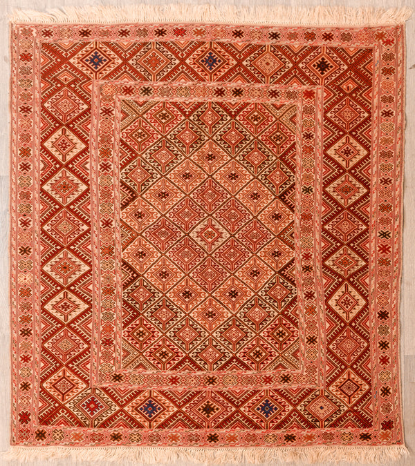 Authentic, high knot count intricate hand woven Fine Persian Sumak Kilim 160cm x 165cm
This delicate rug with subtle contemporary vegetable dyed colours is made to be loved.&nbsp;
Colour dyes include a rare light beige &amp; pink tone made from ground herbs & local berries