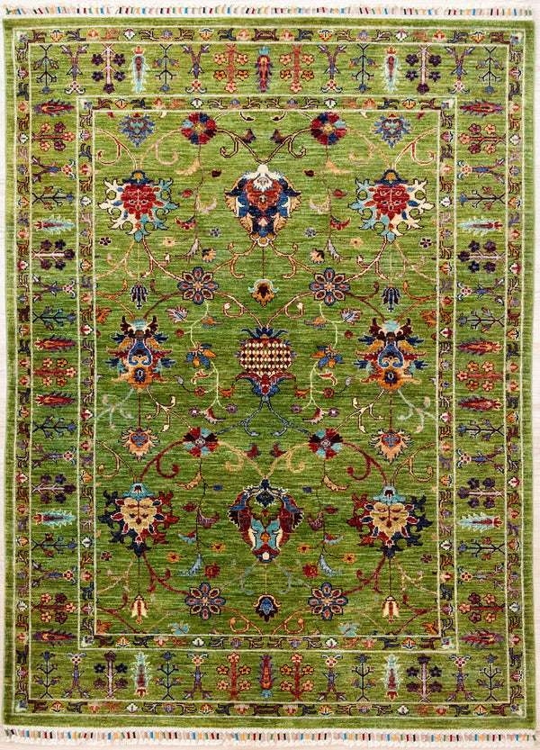 Authentic Handknotted Green Afghan Sultani Chobi Wool Rug 202cm x 152cm
Finely hand knotted by female artisans of Northern Afghanistan
Motifs depicting botanical themes in ornate modern baroque style. This rug can complement gilded antique European furniture.
With meaningful tree of life borders and carefully finished with distinctive silk bound Arianna tassels.
Dusty olive green wool colour is silky and lively. Colour tones made from locally sourced natural veg dyes -