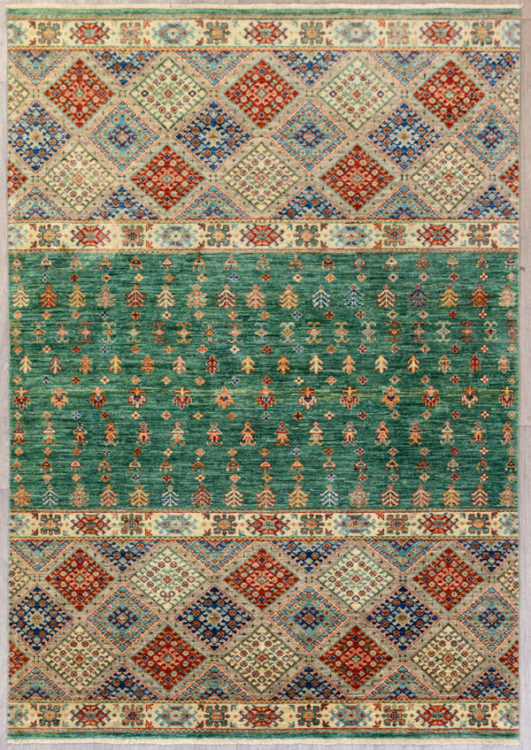 Authentic Handknotted Green Fine Green Afghan Khurjin Chobi Rug 237cm Wovem by female artisans of Northern Afghanistan Green field tmade from locally sourced natural dyes combining Indigo & Weld plants. View in Sydney Crows Nest Showroomx 167cm
