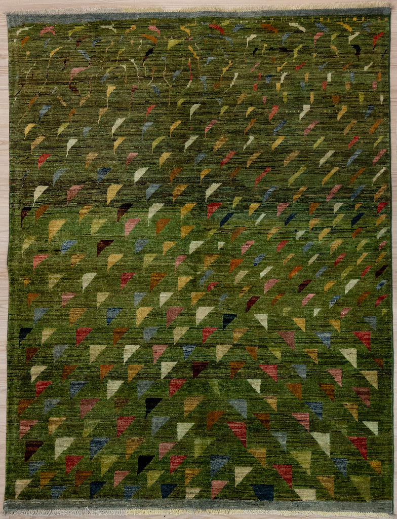 Green Modern Afghan Chobi Wool Rug 188cm x144cm. Soft Gabbeh weave. Geometric Falling leaf pattern in a modern colour scheme suitable for both modern contemporary, traditional or mid cemtury interiors
Colour tones all made from locally sourced vegetable dyes