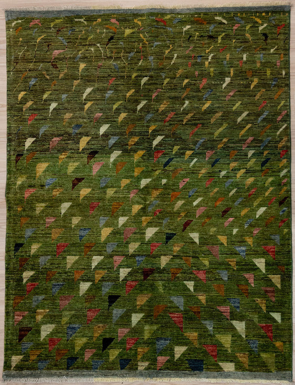Green Modern Afghan Chobi Wool Rug 188cm x144cm. Soft Gabbeh weave. Geometric Falling leaf pattern in a modern colour scheme suitable for both modern contemporary, traditional or mid cemtury interiors
Colour tones all made from locally sourced vegetable dyes