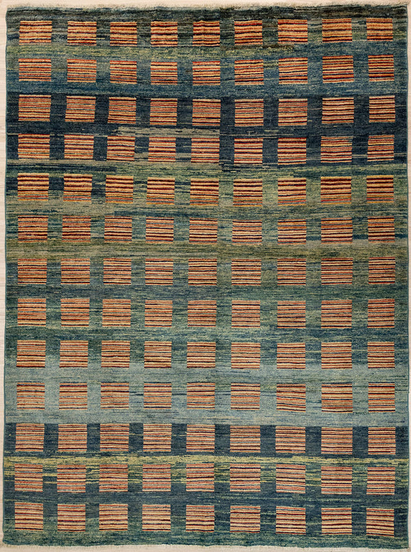 uthentic Hand woven modern Green Modern Gabbeh Wool Rug; 259cm x 192cm

Handknottted pure wool in a modern geometric style and restrained colour way,
Colour tones all made from locally sourced vegetable dyes

