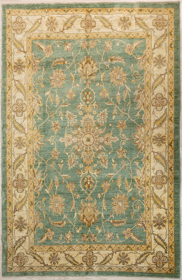 Authentic hand woven Green gold Afghan Chobi Wool Rug 297cm x 200cm

&nbsp;Modern lighter tone handknotted Chobi&nbsp; quality rug with a soft feel and sheen suitable for many rooms&nbsp;

Unique green colour field tones made through a lengthy process of double dying multiple veg dyes