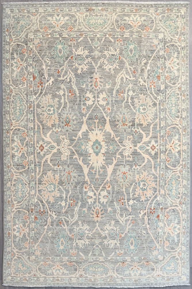 Authentic Hand knotted Grey Afghan Chobi Wool Rug 270cm x 172cm
wonderful swirling traditional botanical motifs in a contemporary pale colour palette