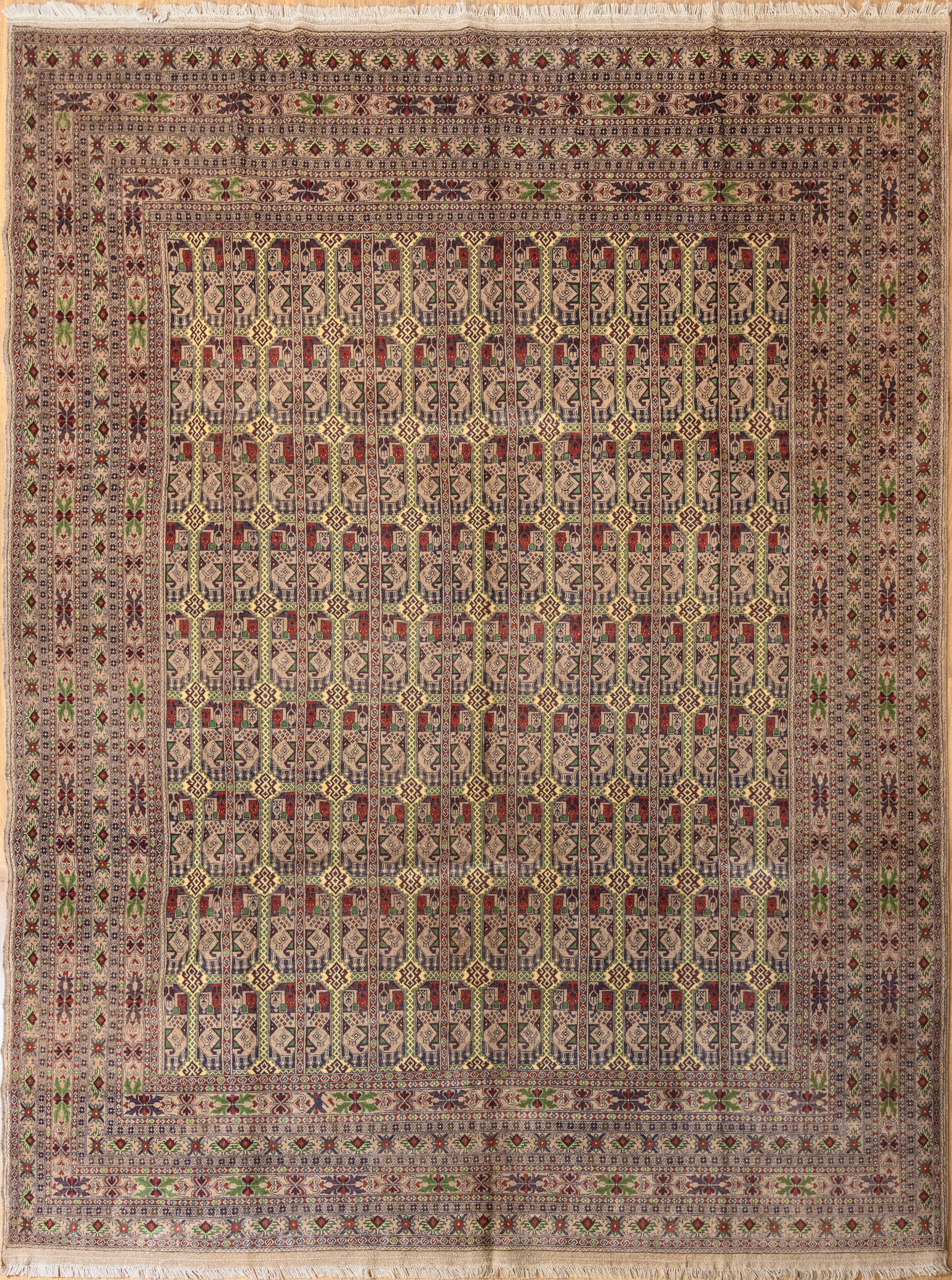 uthentic Handknotted Grey Afghan Mazari Wool Rug 381cm x 293cm&nbsp;

Hand woven by traditional Uzbek artisans from ancient city of Mazar-i-Sharif, Northern Afghanistan
Highly intricate knot weave, this large rug has been kept in fine condition
Symmetrical design with symbolic ancient motifs depicting power, wealth & abundance
Beautiful hint of green ; red colour tones all made from natural veg dyes including locally sourced pomegranates - a fruit existing in the region of Kandahar since ancient tim