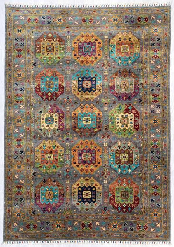 Authentic Handknotted Grey Afghan Sultan Khurjin Wool Rug 234cm x 170cm
Finely handknotted by female artisans of Northern Afghanistan
Grey field and multicolour tone combination made from locally sourced natural dyes,